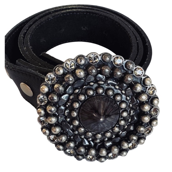 Leatherock Black Leather Belt Round Crystal Studded Buckle main image 10
